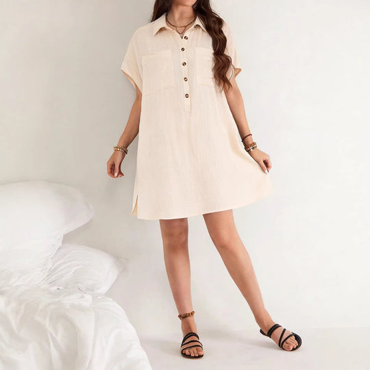 Damen lässiges Hemdblusenkleid mit Knopfleiste und zwei Taschen R&B