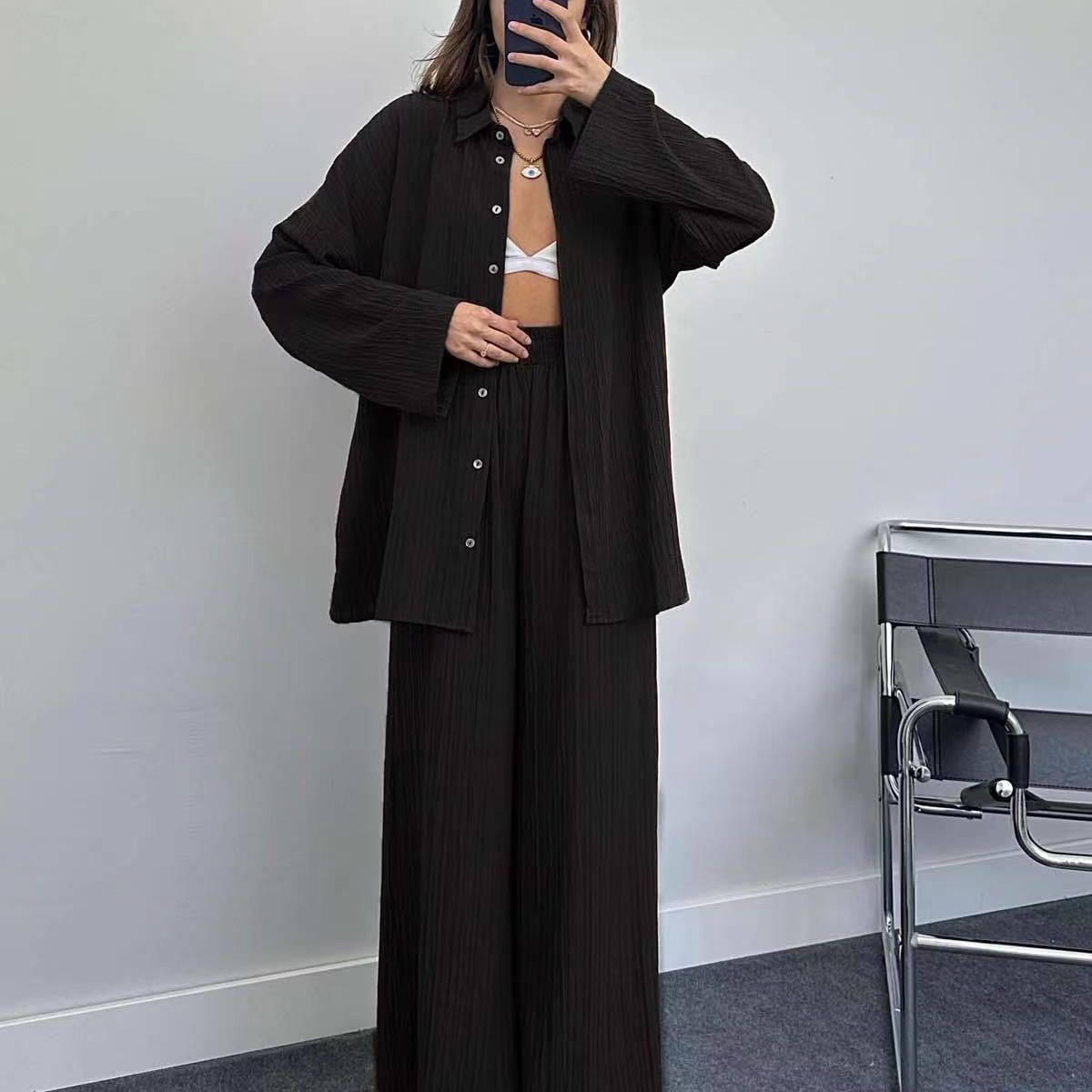 Damen lässiges Übergrößen-Hemd und lockere Hose Set R&B