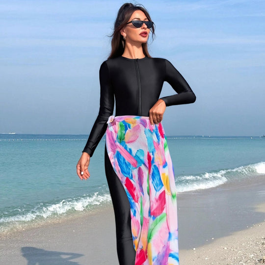 Damen modischer Schwimmanzug mit langem Arm und elegantem Wickelrock R&B