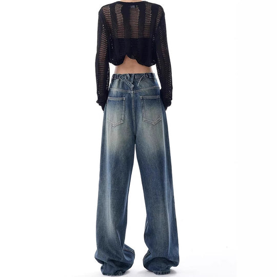Damen Oversized Denim-Jeans mit hoch geschnittenem Bund R&B