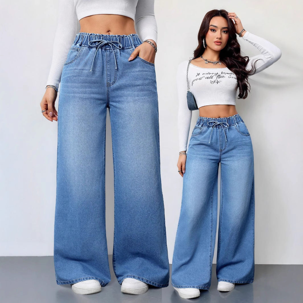 Damen Hochtaillierte Weite Jeans mit bequemem Kordelzug R&B