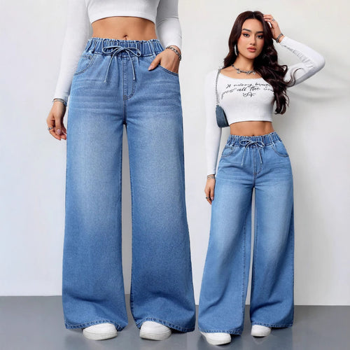 Damen Hochtaillierte Weite Jeans mit bequemem Kordelzug R&B