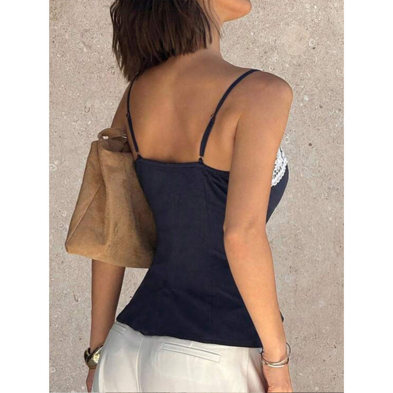 Damen Spaghetti-Träger Top mit elegantem Spitzenrand R&B