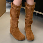 Damen Elegant gefaltete Langschaftstiefel mit modischen Schnallendetails R&B