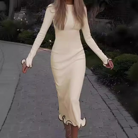 Damen Elegantes Langarm-Midikleid mit verspieltem Saum R&B