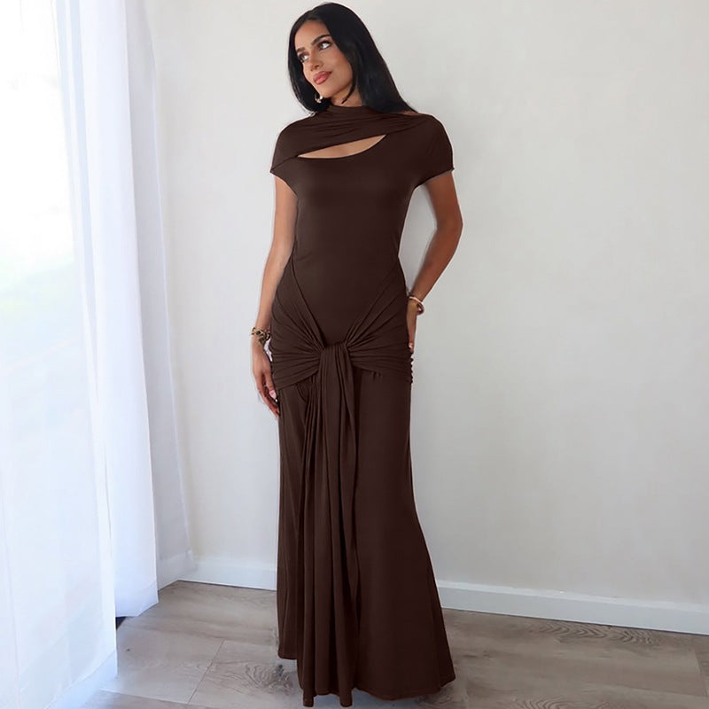 Damen Elegantes Langarm-Maxikleid mit raffiniertem Knotendesign R&B