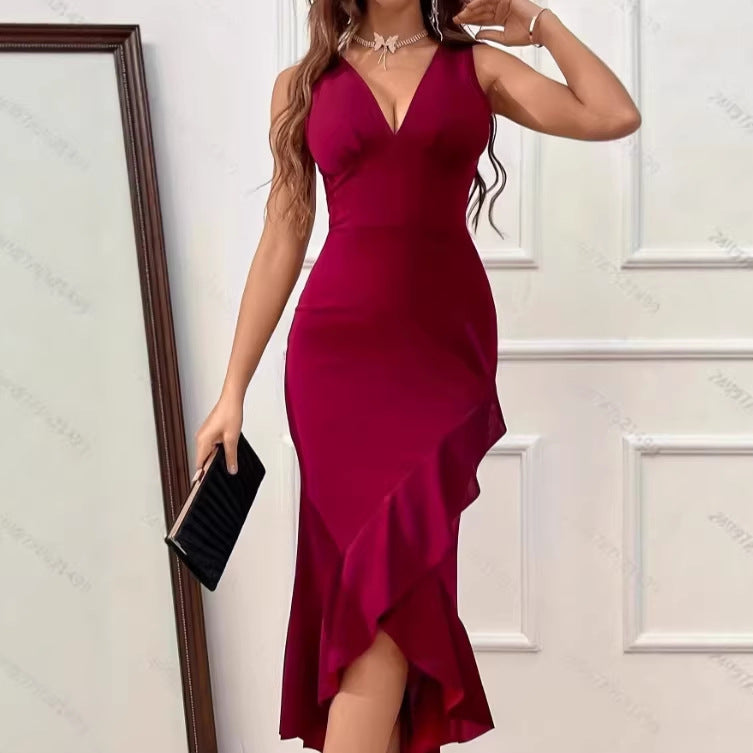 Damen Midikleid mit V-Ausschnitt und asymmetrischem Rüschensaum R&B