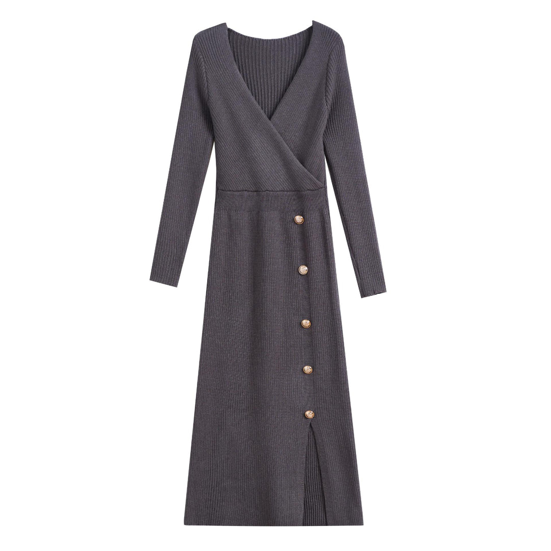 Damen Strickkleid mit Wickeloptik und Knopfdetails R&B