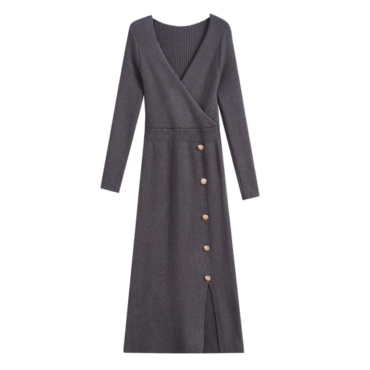 Damen Strickkleid mit Wickeloptik und Knopfdetails R&B