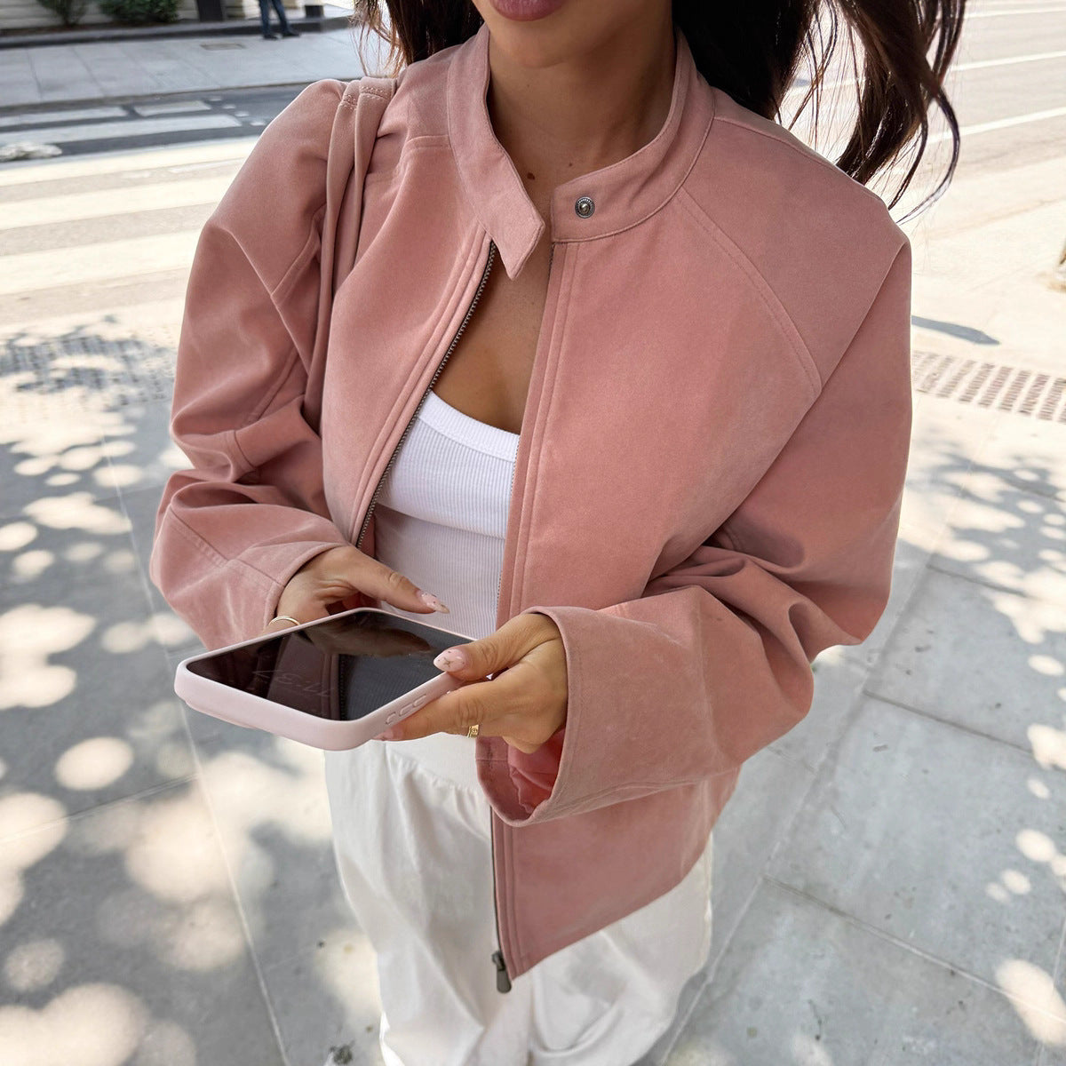 Damen lässige Oversized-Jacke mit hohem Kragen R&B