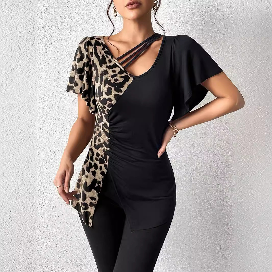 Damen Designermode Oberteil mit asymmetrischem Schnitt und Leopardenmuster R&B