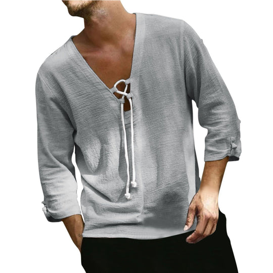 Herren lässige Leinenbluse mit V-Ausschnitt und Kordelzug R&B