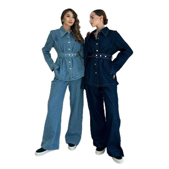 Damen modischer Jeansmantel mit tailliertem Gürtel R&B
