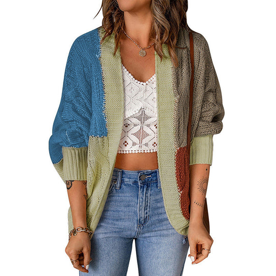 Damen Lockere Strickjacke mit modischem Farbblockdesign und tiefen Taschen R&B
