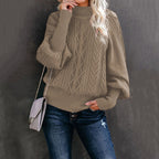 Damen Grobstrickpullover mit hochgeschlossenem Kragen und lässigen Ballonärmeln R&B
