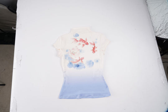 Damen figurbetontes Kurzarmshirt mit floralem Design und Stehkragen R&B