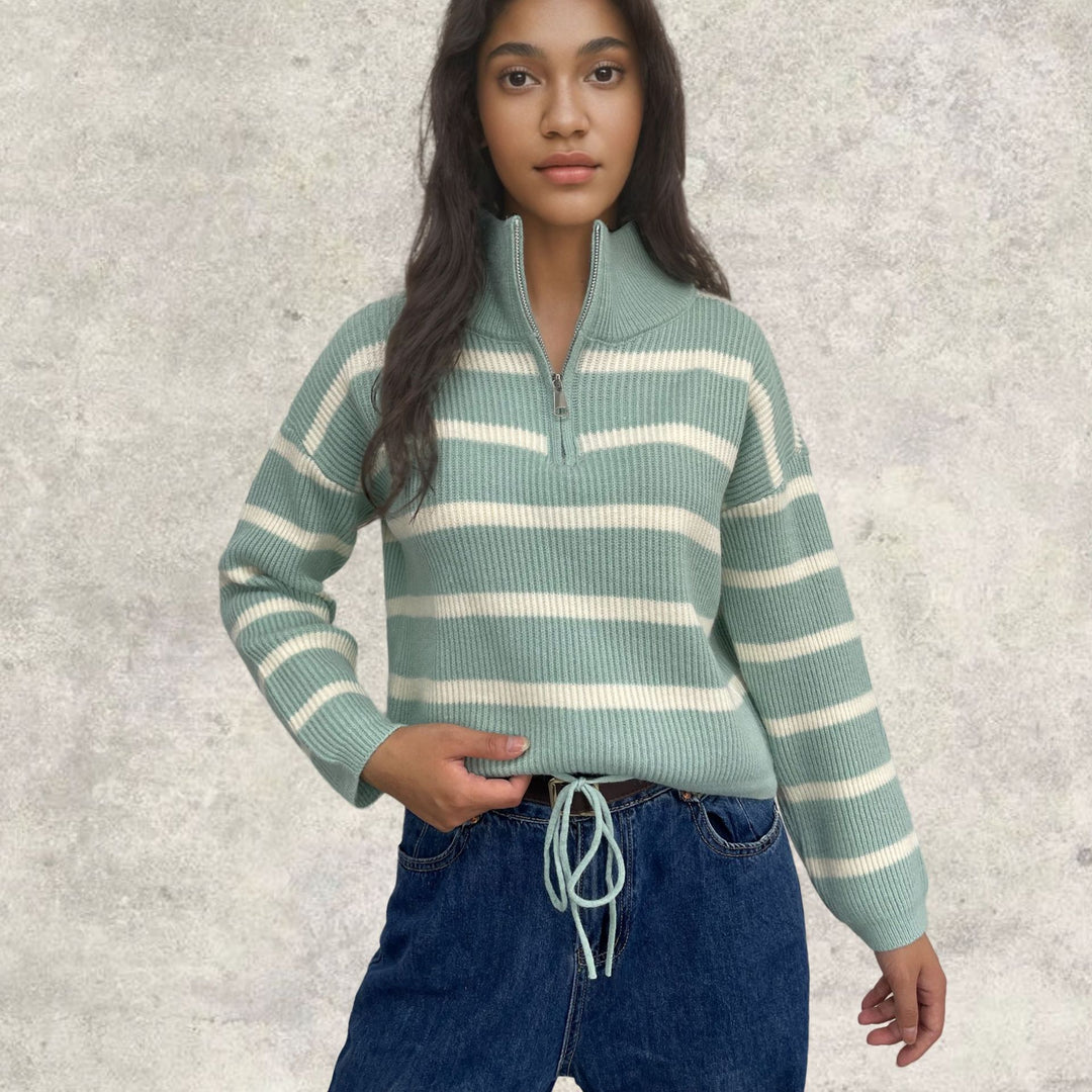 Damen Strickpullover mit halbem Reißverschluss und lässiger Übergangsstruktur R&B