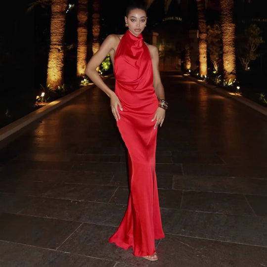 Damen Elegantes Maxi-Kleid mit hochwertigem Drapierungsdesign und schimmerndem Stoff R&B