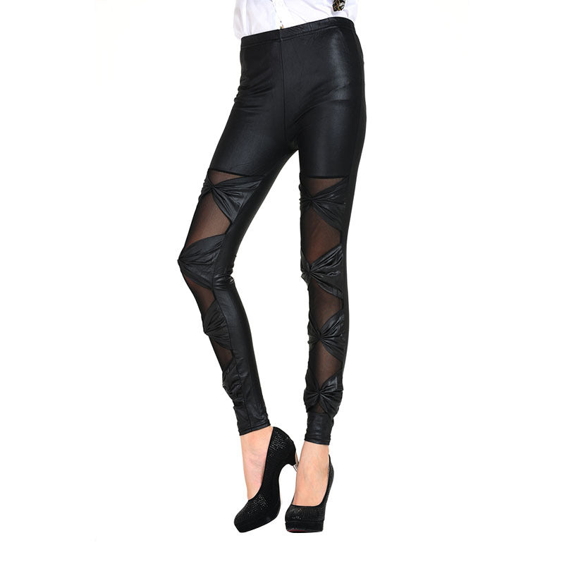 Damen Leggings mit transparenten Einsätzen und dekorativen Knoten R&B