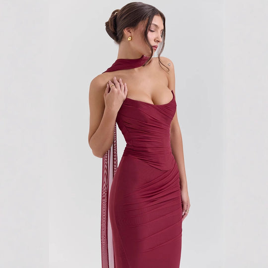 Damen figurbetontes Abendkleid mit schulterfreiem Design und raffinierten Drapierungen R&B
