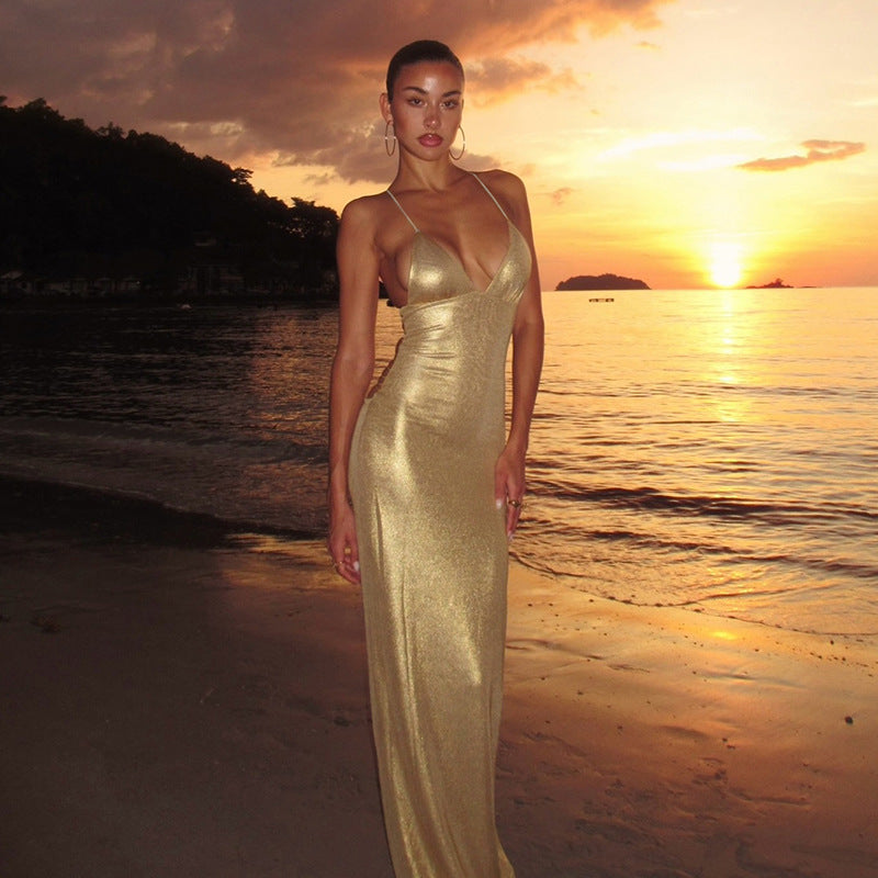Damen Figurbetontes Maxikleid mit Spaghettiträgern und schimmernder Oberfläche R&B