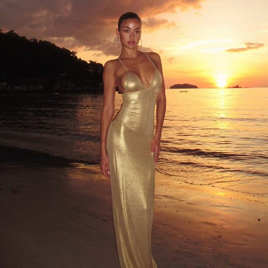 Damen Figurbetontes Maxikleid mit Spaghettiträgern und schimmernder Oberfläche R&B
