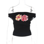 Damen Off-Shoulder Top mit floralen Applikationen R&B