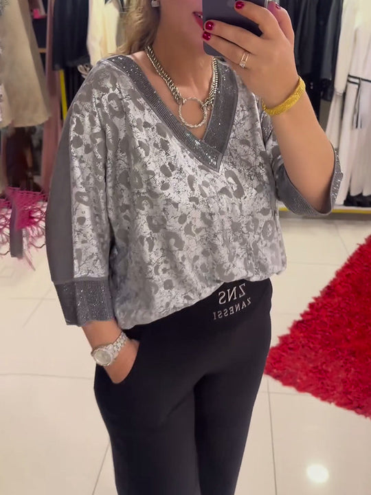 Damen Elegante Bluse mit schimmernden Akzenten und V-Ausschnitt Heidi-Mode