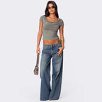 Damen Weit geschnittene Denim-Hose mit hohem Bund und modischen Details R&B