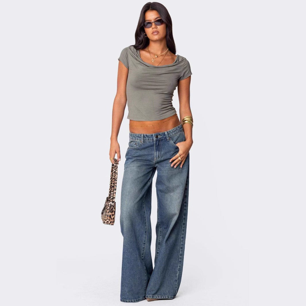 Damen Weit geschnittene Denim-Hose mit hohem Bund und modischen Details R&B