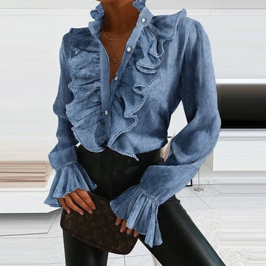 R&B | Denim Bluse mit Langen Ärmeln und Rüschen für Damen
