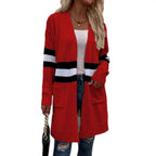 Damen Offene Strickjacke mit modernem Streifenmuster und praktischen Taschen R&B