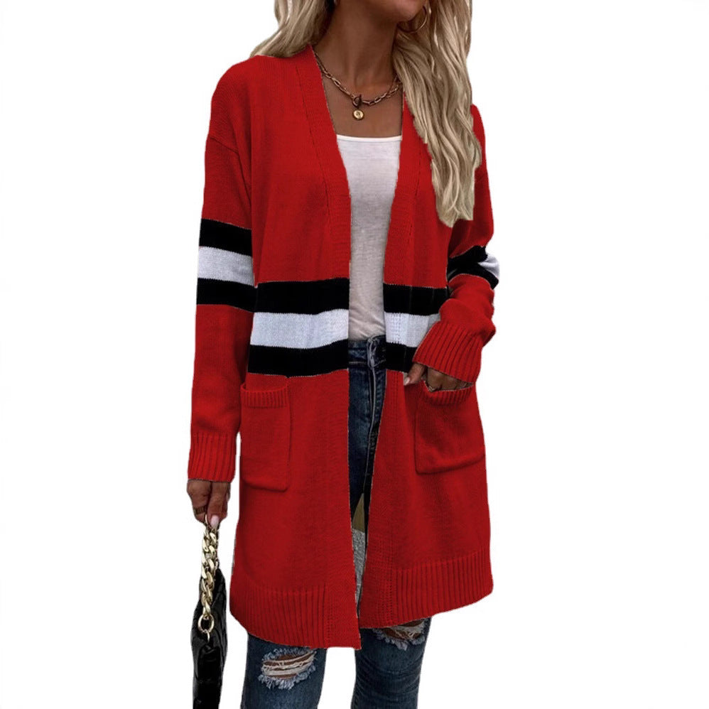 Damen Offene Strickjacke mit modernem Streifenmuster und praktischen Taschen R&B