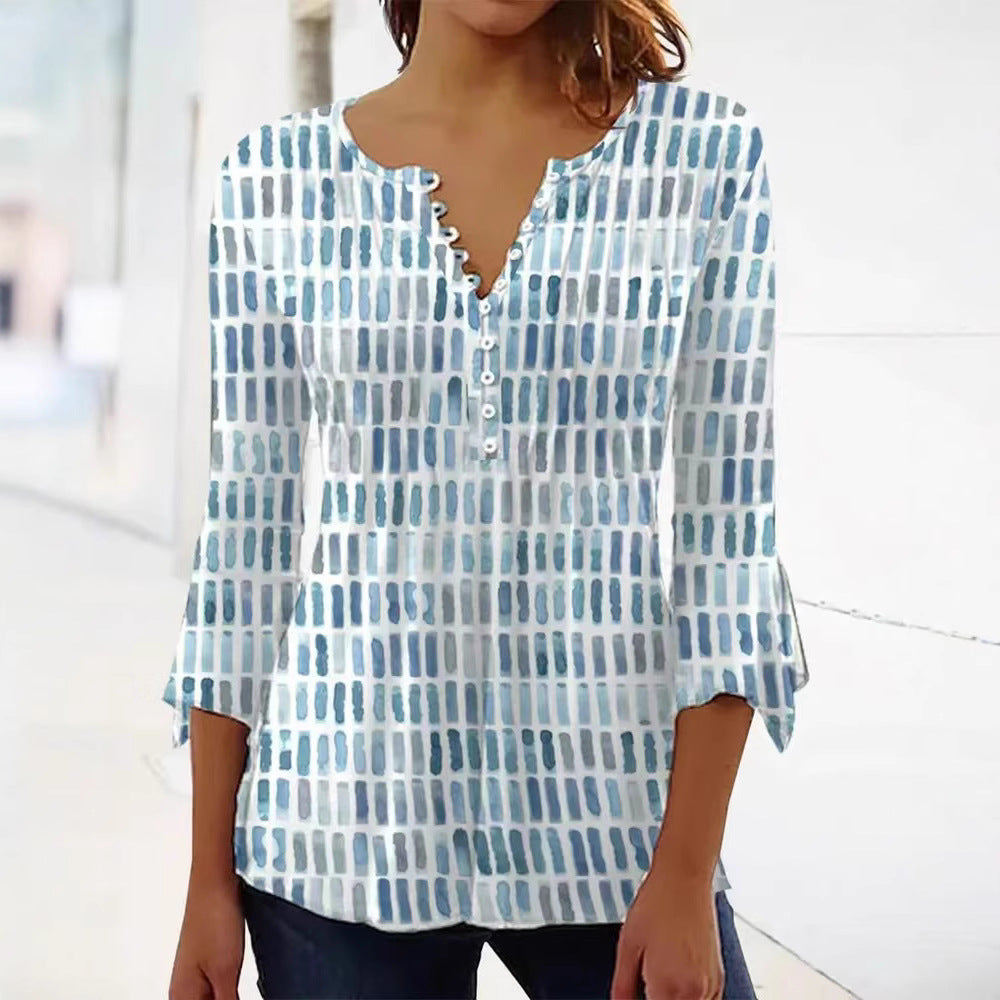 Damen nan luftig leichtes Aquarell-Print Blusenshirt mit Henley-Knopfleiste und dreiviertel Glockenärmeln R&B