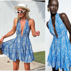 Damen Sommerliches Kleid mit tiefem V-Ausschnitt und schwingendem Rock R&B