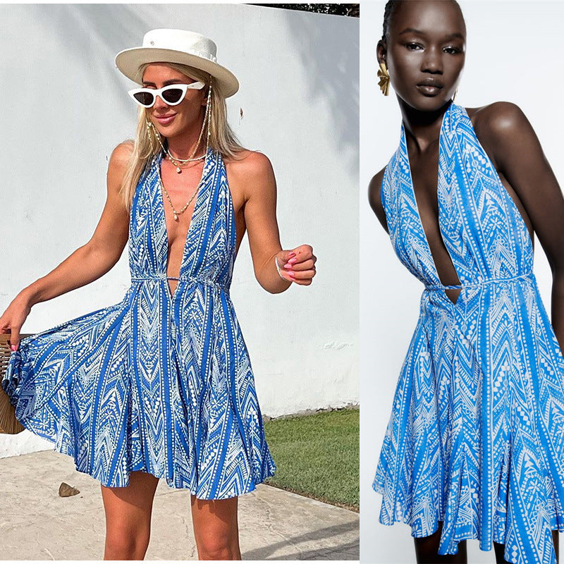 Damen Sommerliches Kleid mit tiefem V-Ausschnitt und schwingendem Rock R&B
