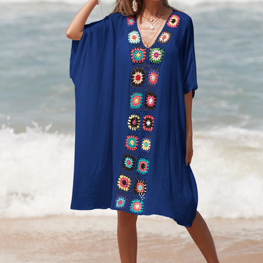 Damen Häkel-Strandtunika im lässigen Oversize-Stil mit bunten Applikationen R&B