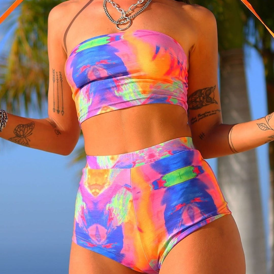 Damen Hochgeschnittener Bikini-Set mit modernem Batikdesign R&B