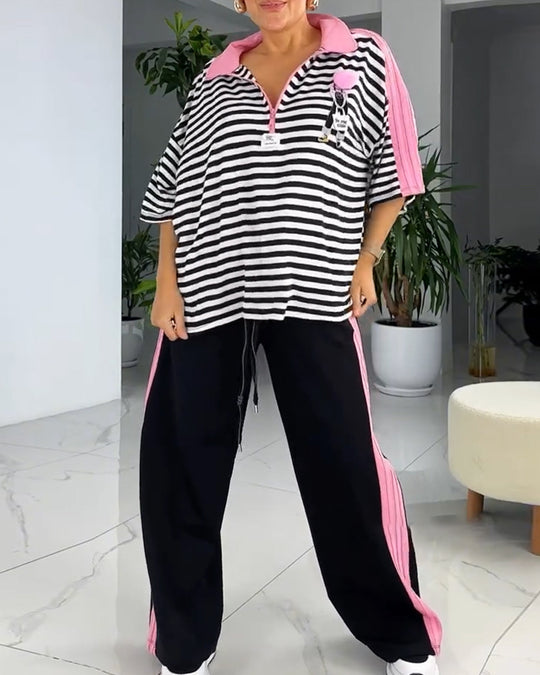 Damen Übergroßes Poloshirt mit gestreiftem Design und modischen Akzenten Heidi-Mode
