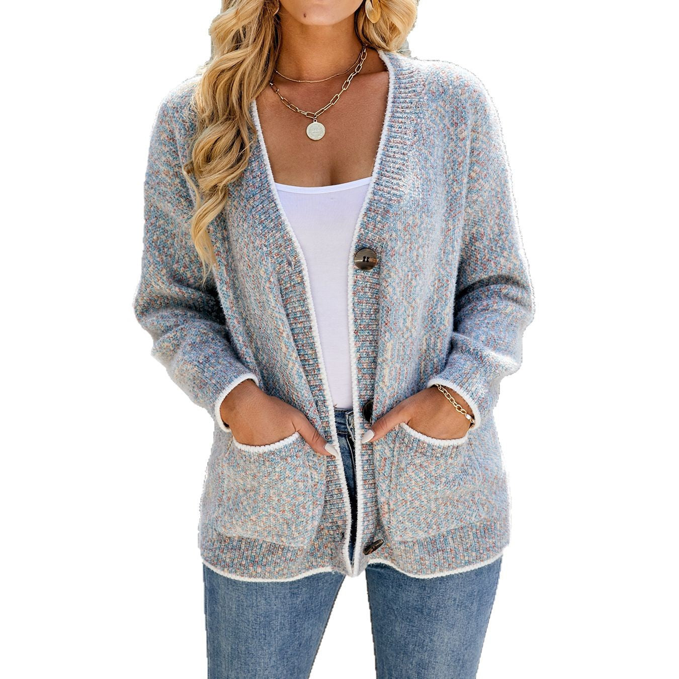 Damen gemütliche Strickjacke mit großen aufgesetzten Taschen und Knöpfen