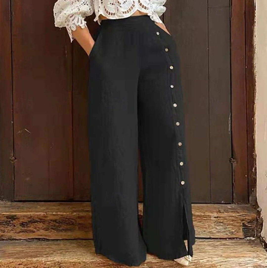 Damen nan hochgeschnittene Leinenhose mit seitlicher Zierknopfleiste, Eingrifftaschen und weitem Beinschnitt R&B