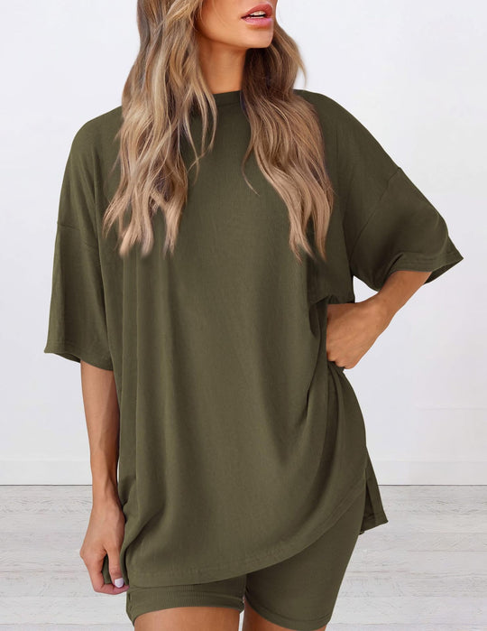 Damen Lässiges Lounge-Set mit übergroßem Oberteil und kurzen Hosen R&B