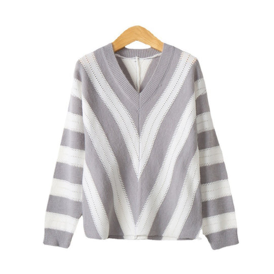 Damen V-Ausschnitt Strickpullover mit raffiniertem Streifenmuster R&B
