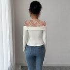 Damen nan figurbetontes schulterfreies Rippstrick-Top mit Spitzen-Illusionskragen und Blütenapplikation R&B