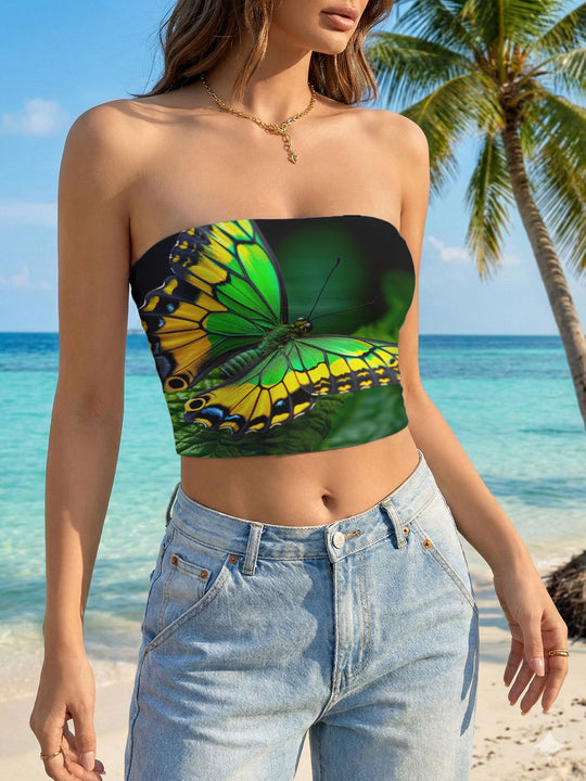 Damen Bandeau-Top mit floralem Vogelmotiv und elastischer Passform R&B