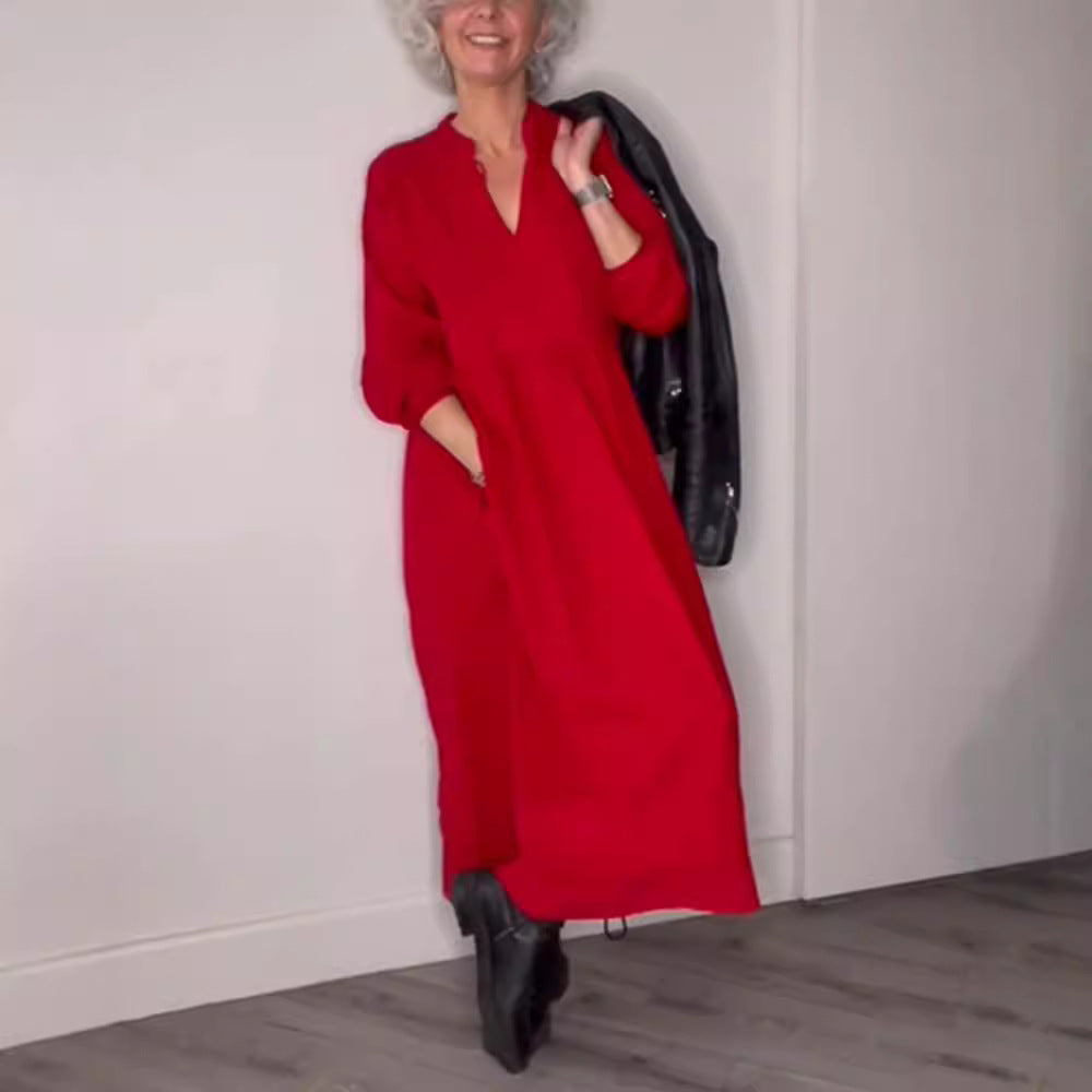 Damen Maxikleid mit lässigem V-Ausschnitt und weiten Ärmeln Heidi-Mode