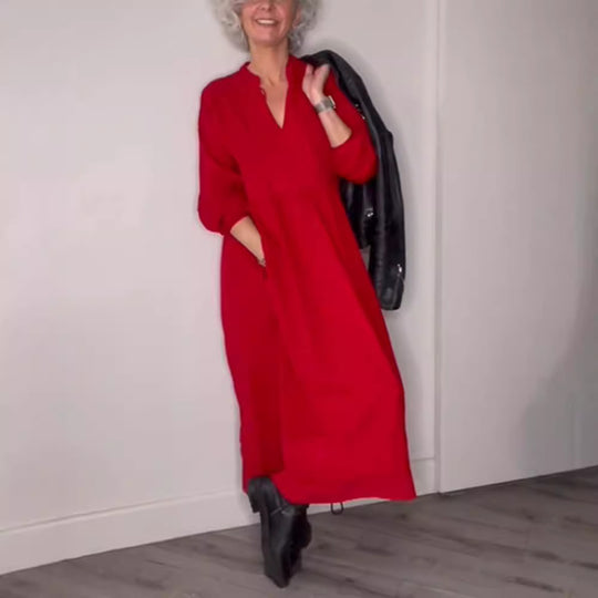 Damen Maxikleid mit lässigem V-Ausschnitt und weiten Ärmeln Heidi-Mode