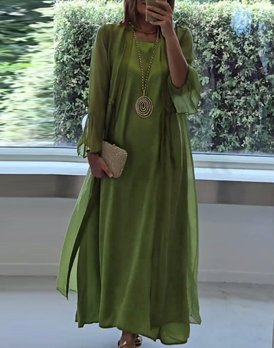 Damen nan elegante Lagen-Abendrobe mit gefüttertem Innenkleid, transparentem Chiffon-Überwurf und taillenverstellbaren Bändern R&B
