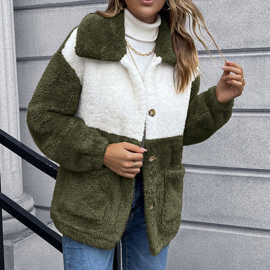 Damen Kunstfelljacke mit praktischen Taschen und modischem Farbblockdesign R&B