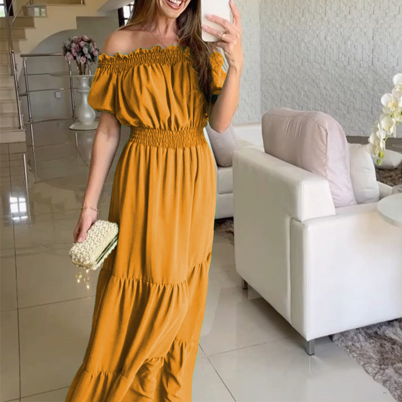 Damen Off-Shoulder Maxikleid mit elastischem Bund und Rüschendetails R&B